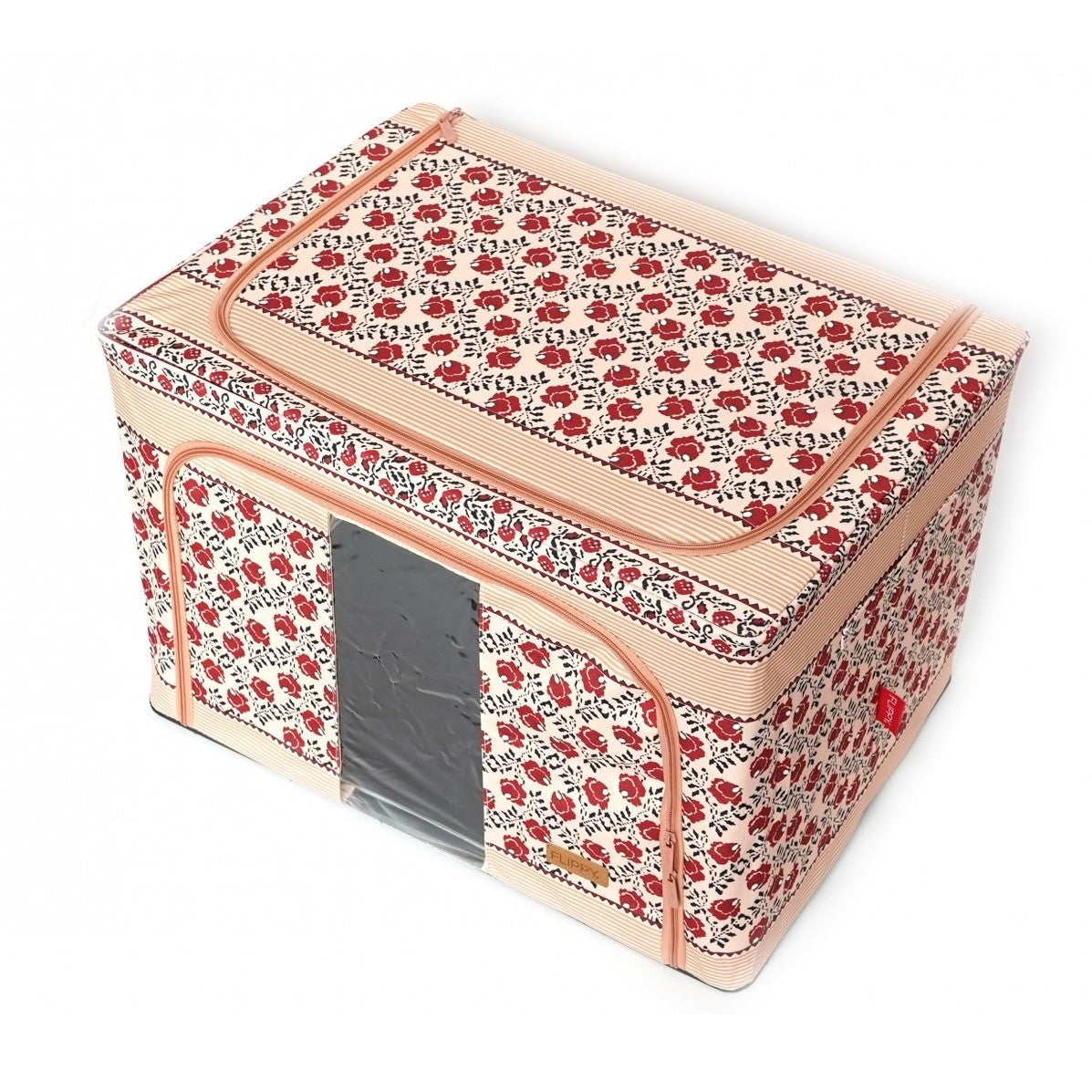 Cutie depozitare pliabila cu sigiliu, AngelBear, 66 L din Bumbac si In, 52 x 42 x 39 cm, Fereastra Frontala, 2 Usi de Acces cu Fermoar Bidirectional, Cadru Metalic, Suport Baza Stabil din Plastic, Motiv Traditional Model 7