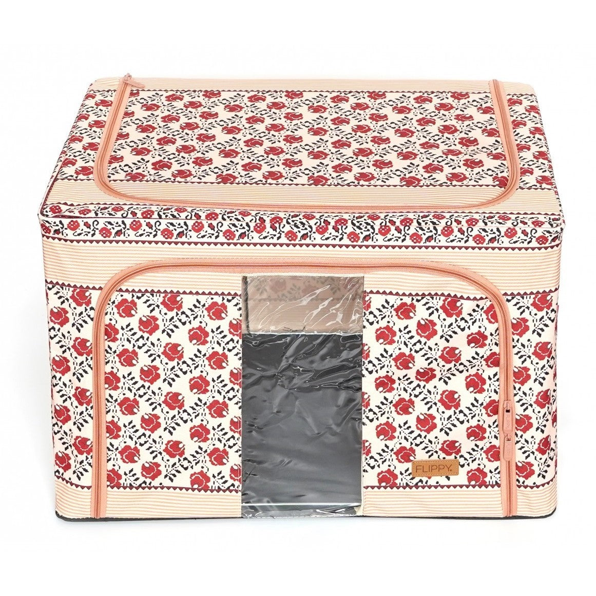 Cutie depozitare pliabila cu sigiliu, AngelBear, 66 L din Bumbac si In, 52 x 42 x 39 cm, Fereastra Frontala, 2 Usi de Acces cu Fermoar Bidirectional, Cadru Metalic, Suport Baza Stabil din Plastic, Motiv Traditional Model 7