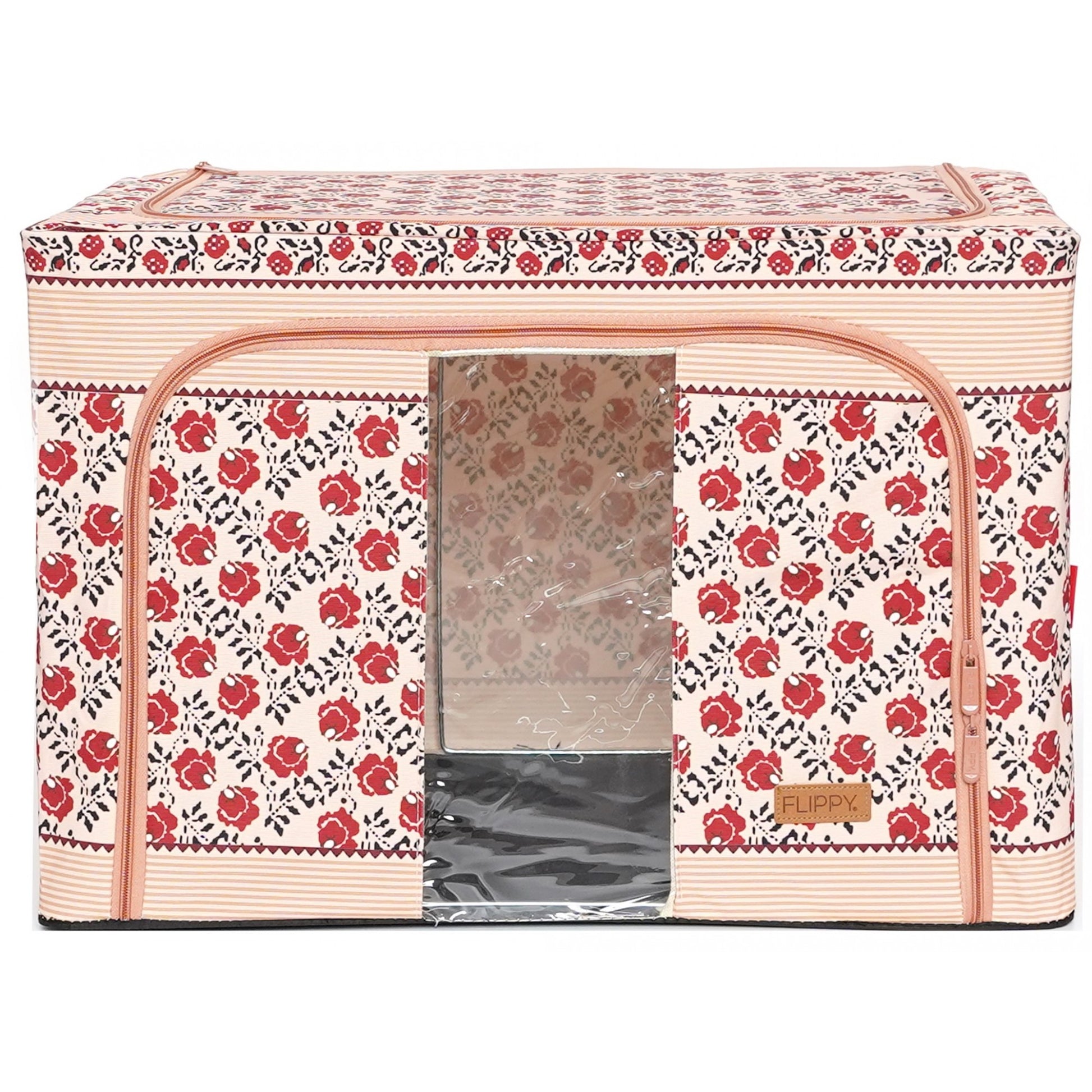 Cutie depozitare pliabila cu sigiliu, AngelBear, 66 L din Bumbac si In, 52 x 42 x 39 cm, Fereastra Frontala, 2 Usi de Acces cu Fermoar Bidirectional, Cadru Metalic, Suport Baza Stabil din Plastic, Motiv Traditional Model 7
