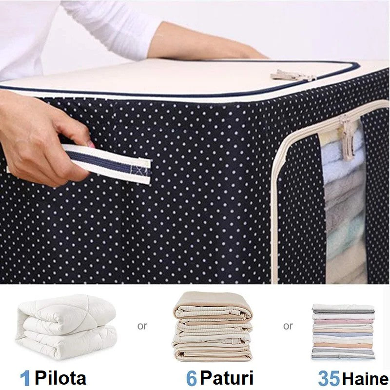 Cutie depozitare pliabila cu sigiliu, AngelBear, Cu Fermoar, 100 L, Textil, 60x42x40 cm, Albastru Marin, Cadru Metalic, Suport Baza Stabil din Plastic, Imprimeu buline