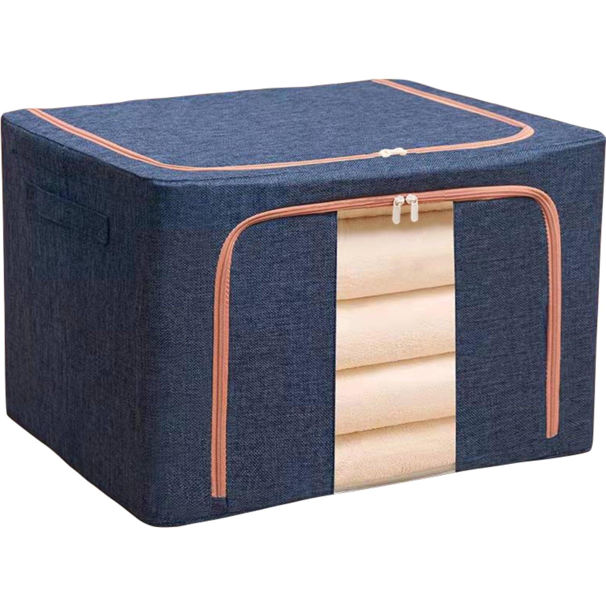 Cutie depozitare pliabila cu sigiliu, AngelBear, Cu fermoar, 100 L, Textil, 60x42x40 cm, Cadru Metalic, Suport Baza Stabil din Plastic, Albastru Marin