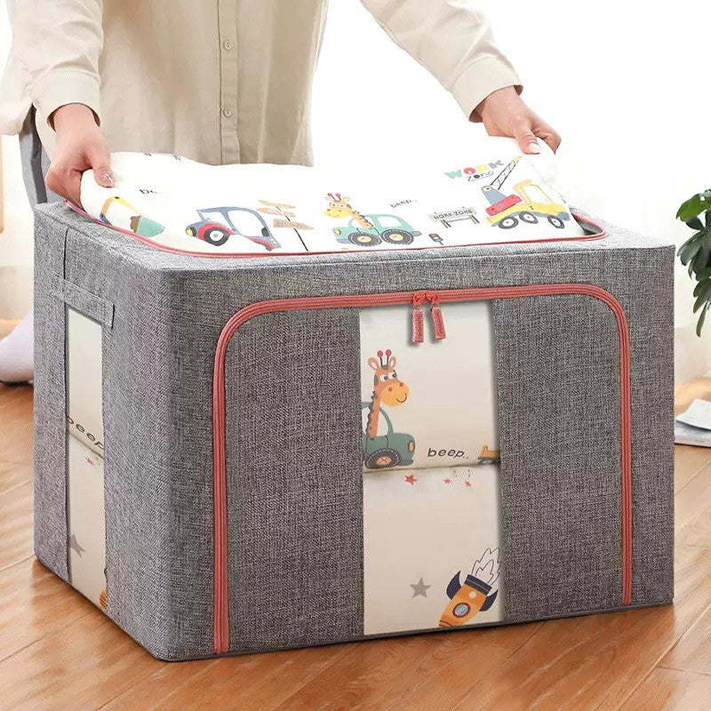 Cutie depozitare pliabila cu sigiliu, AngelBear, Cu fermoar, 100 L, Textil, 60x42x40 cm, Cadru Metalic, Suport Baza Stabil din Plastic, Gri, Cu doua ferestre