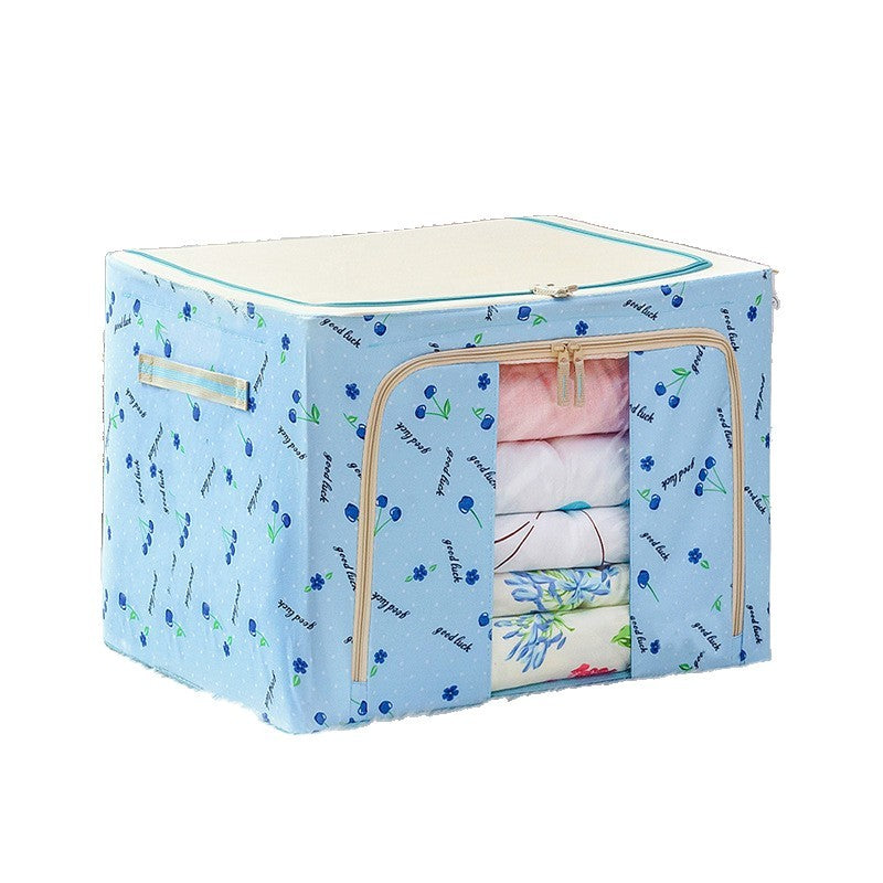 Cutie depozitare pliabila cu sigiliu, AngelBear, 24 L, Panza Oxford, 40x30x20 cm, Fereastra Frontala, 2 Usi de Acces cu Fermoar Bidirectional, Cadru Metalic, Suport Baza Stabil din Plastic, Imprimeu cirese, Albastru