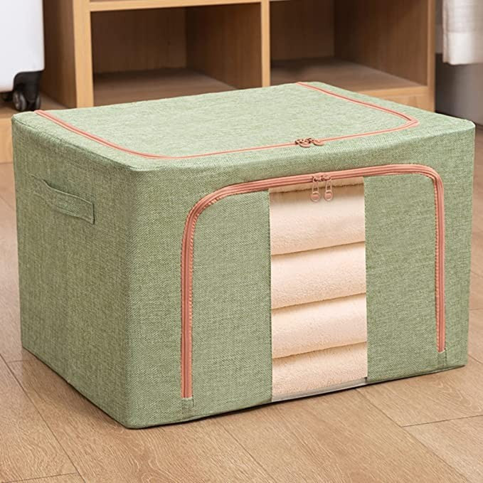 Cutie depozitare pliabila cu sigiliu, AngelBear, 24 L, din Bumbac si In, 40x30x20 cm, Fereastra Frontala, 2 Usi de Acces cu Fermoar Bidirectional, Cadru Metalic, Suport Baza Stabil din Plastic, Verde
