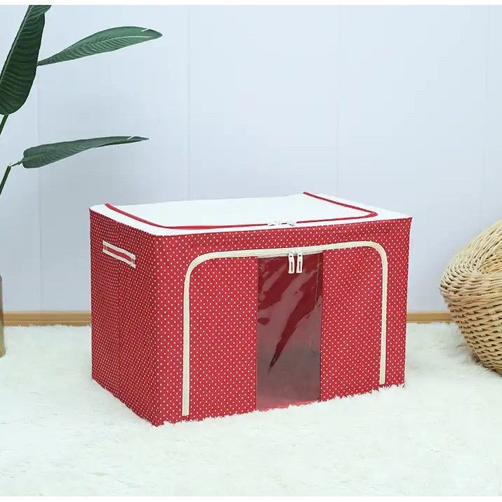 Cutie depozitare pliabila cu sigiliu, AngelBear, 24 L, Panza Oxford, 40x30x20 cm, Fereastra Frontala, 2 Usi de Acces cu Fermoar Bidirectional, Cadru Metalic, Suport Baza Stabil din Plastic, Imprimeu Buline, Rosu