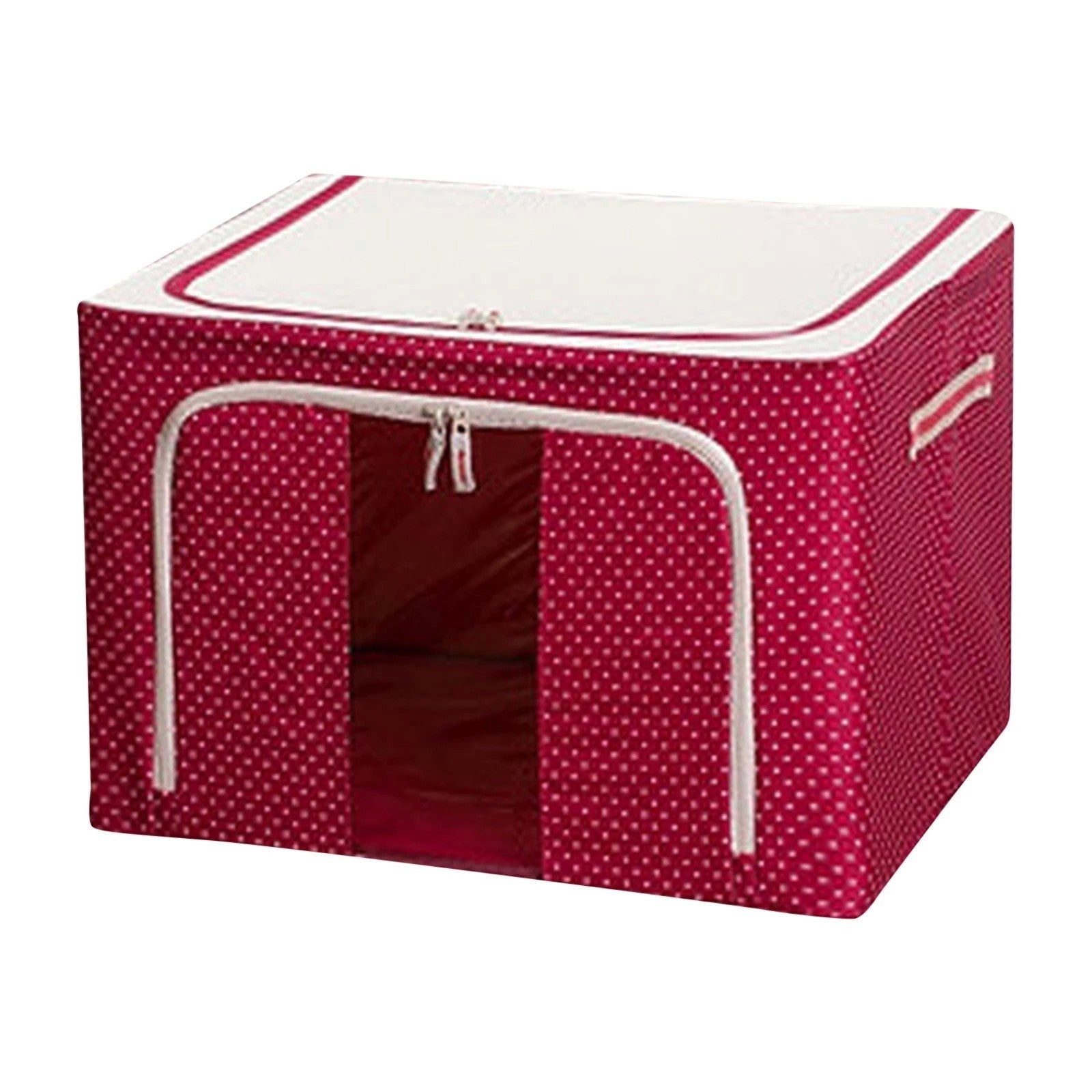 Cutie depozitare pliabila cu sigiliu, AngelBear, 24 L, Panza Oxford, 40x30x20 cm, Fereastra Frontala, 2 Usi de Acces cu Fermoar Bidirectional, Cadru Metalic, Suport Baza Stabil din Plastic, Imprimeu Buline, Rosu