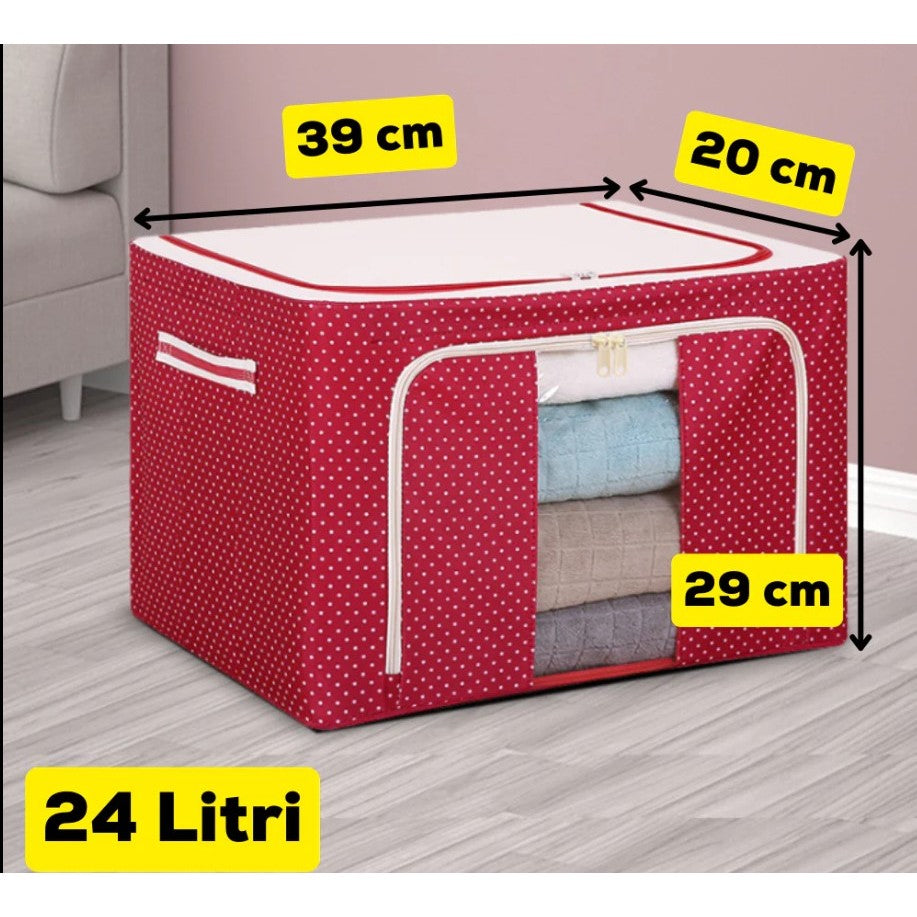 Cutie depozitare pliabila cu sigiliu, AngelBear, 24 L, Panza Oxford, 40x30x20 cm, Fereastra Frontala, 2 Usi de Acces cu Fermoar Bidirectional, Cadru Metalic, Suport Baza Stabil din Plastic, Imprimeu Buline, Rosu