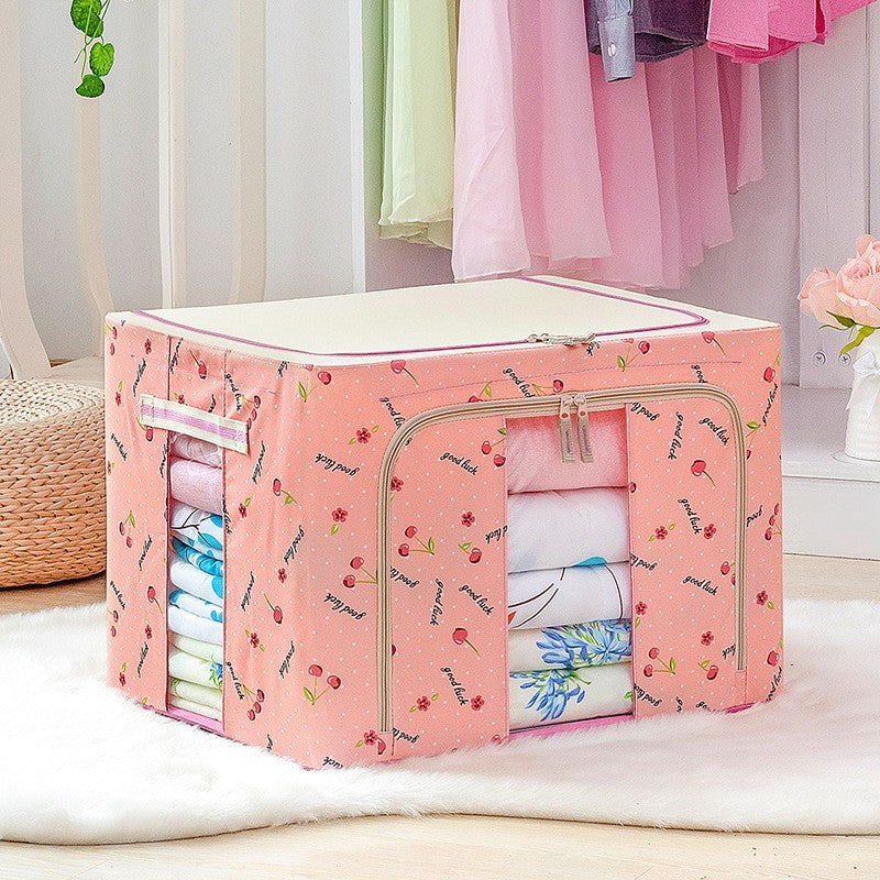 Cutie depozitare pliabila cu sigiliu, AngelBear, 24 L, Panza Oxford, 40x30x20 cm, Fereastra Frontala, 2 Usi de Acces cu Fermoar Bidirectional, Cadru Metalic, Suport Baza Stabil din Plastic, Imprimeu Cirese, Roz