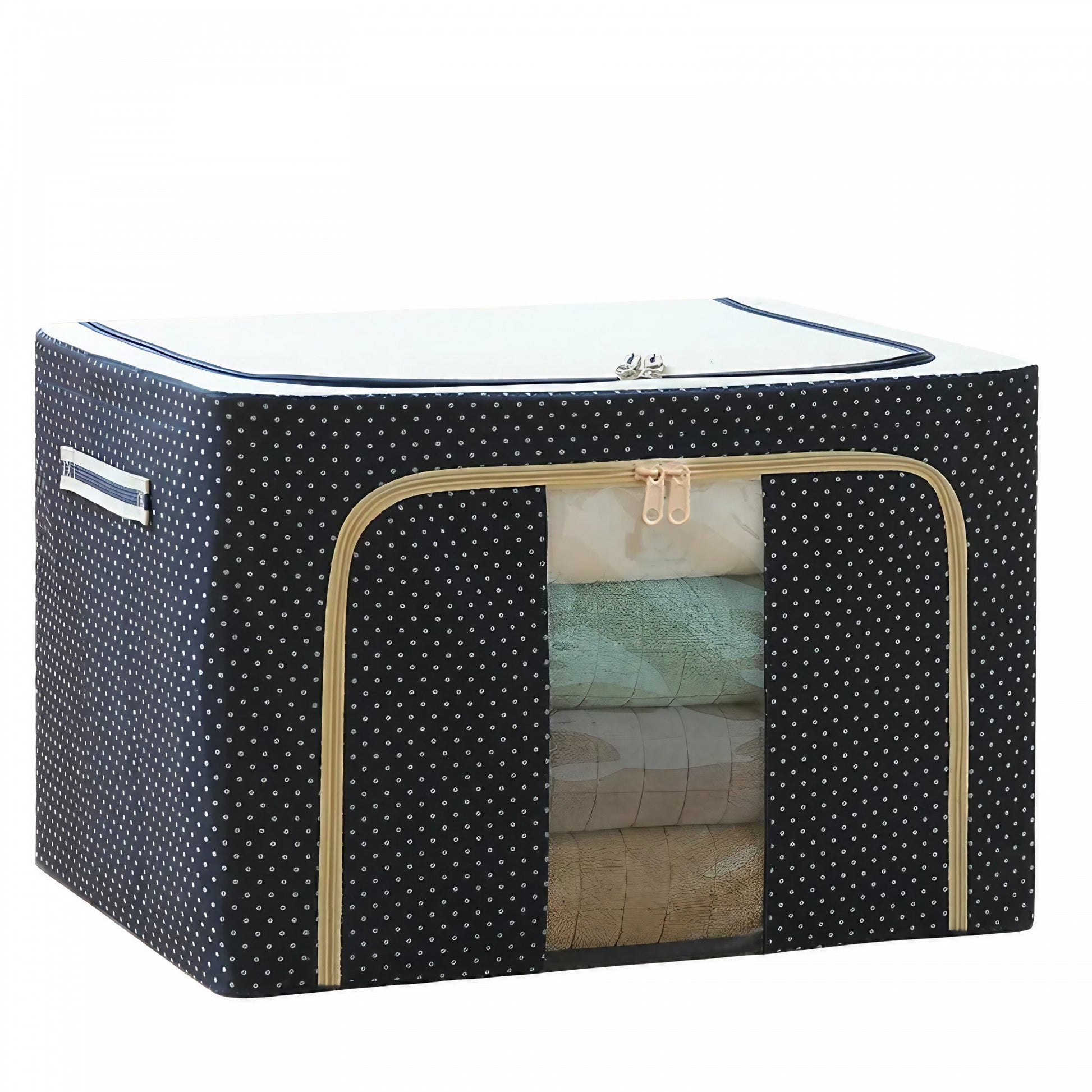 Cutie depozitare pliabila cu sigiliu, AngelBear, Cu Fermoar, 66 L, Textil, 50 x 40 x 33 cm, Cadru Metalic, Suport Baza Stabil din Plastic, Imprimeu Buline, Albastru Marin