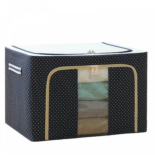 Cutie depozitare pliabila cu sigiliu, AngelBear, Cu Fermoar, 66 L, Textil, 50 x 40 x 33 cm, Cadru Metalic, Suport Baza Stabil din Plastic, Imprimeu Buline, Albastru Marin