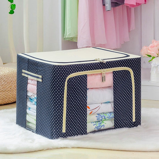 Cutie depozitare pliabila cu sigiliu, AngelBear, 66 L, din Panza Oxford, 50x40x33 cm, 2 Ferestre, Frontala si Laterala, 2 Usi de Acces cu Fermoar Bidirectional, Cadru Metalic, Suport Baza Stabil din Plastic, Imprimeu Buline, Albastru Marin