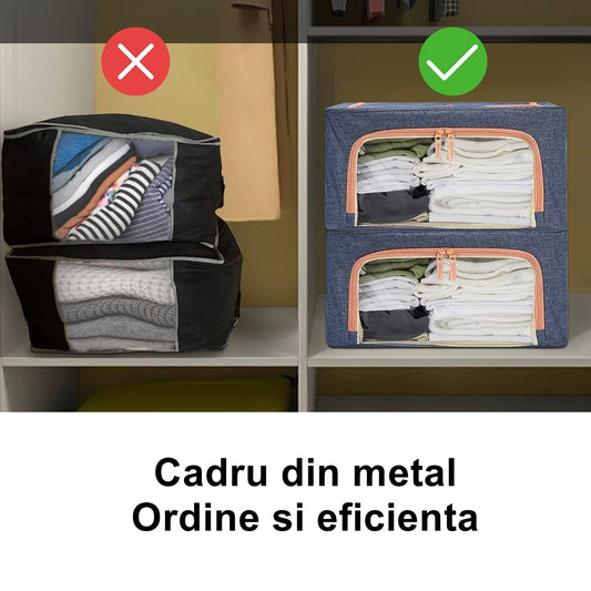 Cutie depozitare pliabila cu sigiliu, AngelBear, Cu fermoar, 66 L, Textil, 50x40x33 cm, Albastru Marin, Cadru Metalic, Suport Baza Stabil din Plastic, Cu doua ferestre