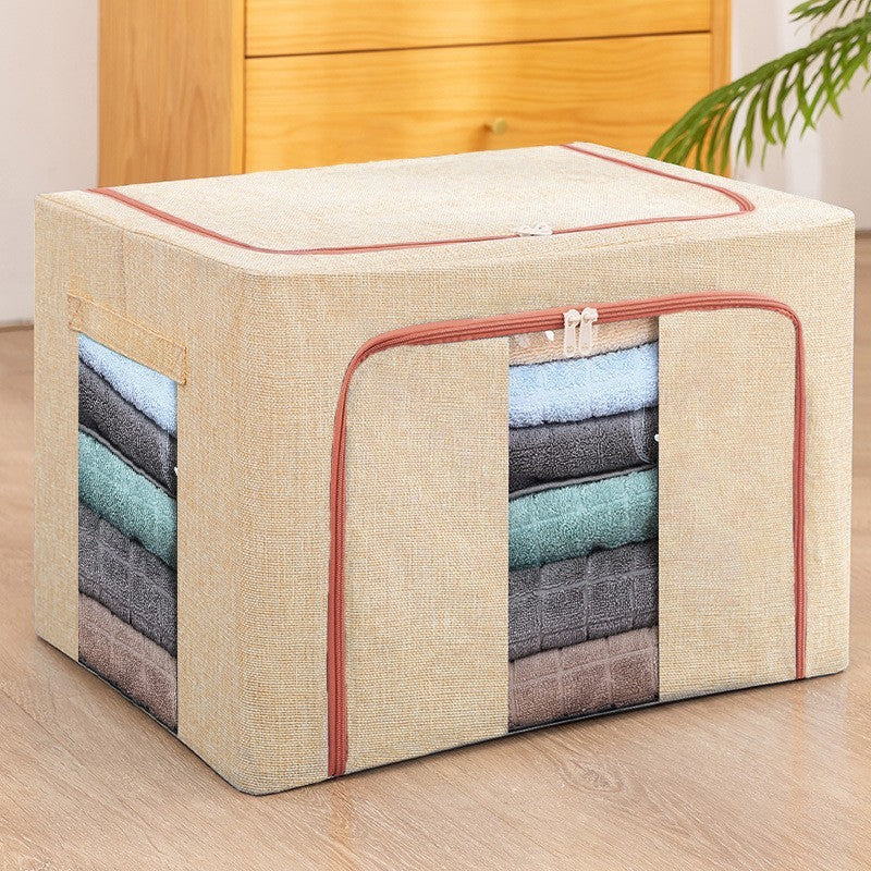 Cutie depozitare pliabila cu sigiliu, AngelBear, 66 L, din Bumbac si In, 50x40x33 cm, 2 Ferestre, Frontala si Laterala, 2 Usi de Acces cu Fermoar Bidirectional, Cadru Metalic, Suport Baza Stabil din Plastic, Bej