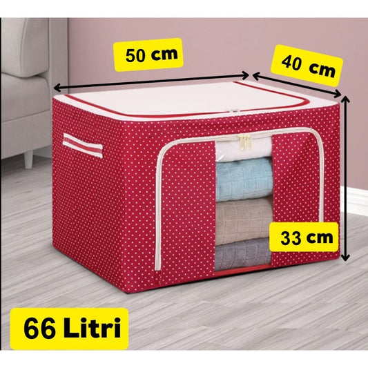 Cutie depozitare pliabila cu sigiliu, AngelBear, 66 L, din Tesatura Oxford, 50x40x33 cm, Fereastra Frontala, 2 Usi de Acces cu Fermoar Bidirectional, Cadru Metalic, Suport Baza Stabil din Plastic, Imprimeu Buline, Rosu