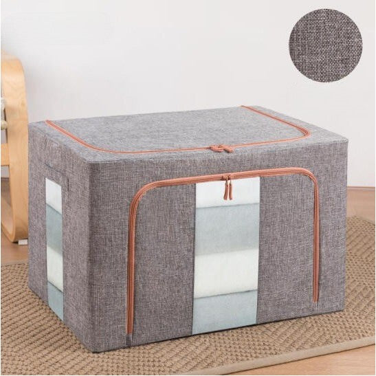 Cutie depozitare pliabila cu sigiliu, AngelBear, Cu fermoar, 100 L, Textil, 60x42x40 cm, Cadru Metalic, Suport Baza Stabil din Plastic, Gri