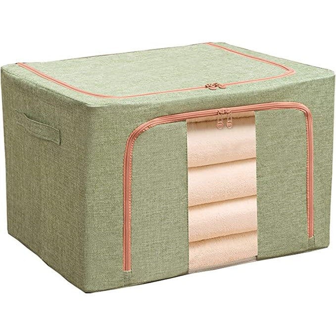Cutie depozitare pliabila cu sigiliu, AngelBear, 24 L, din Bumbac si In, 40x30x20 cm, Fereastra Frontala, 2 Usi de Acces cu Fermoar Bidirectional, Cadru Metalic, Suport Baza Stabil din Plastic, Verde