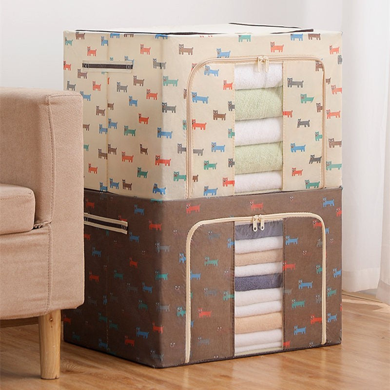 Cutie depozitare pliabila cu sigiliu, AngelBear, 24 L, Panza Oxford, 40x30x20 cm, Fereastra Frontala, 2 Usi de Acces cu Fermoar Bidirectional, Cadru Metalic, Suport Baza Stabil din Plastic, Imprimeu Catelus, Bej