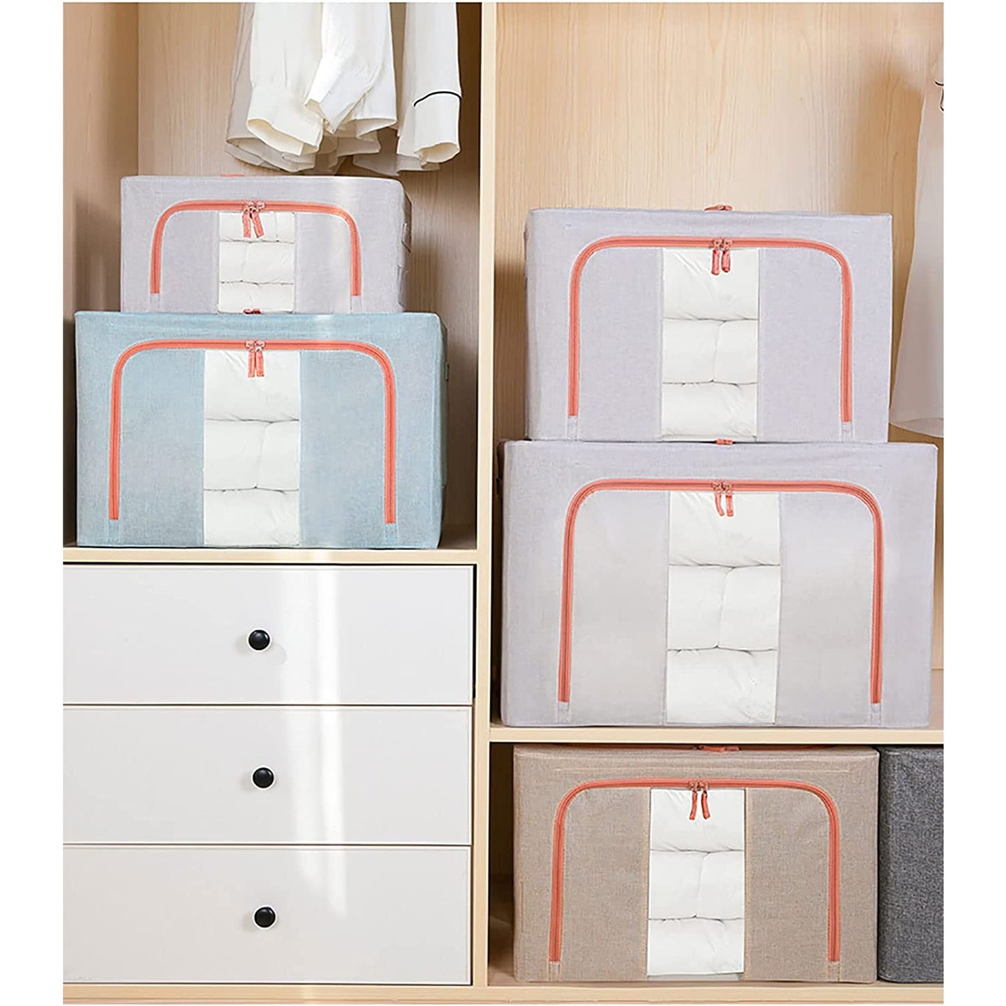 Cutie depozitare pliabila cu sigiliu, AngelBear, 66 L, din Bumbac si In, 50x40x33 cm, Fereastra Frontala Transparenta, 2 Usi de Acces cu Fermoar Bidirectional, Cadru Metalic, Suport Baza Stabil din Plastic, Bleu