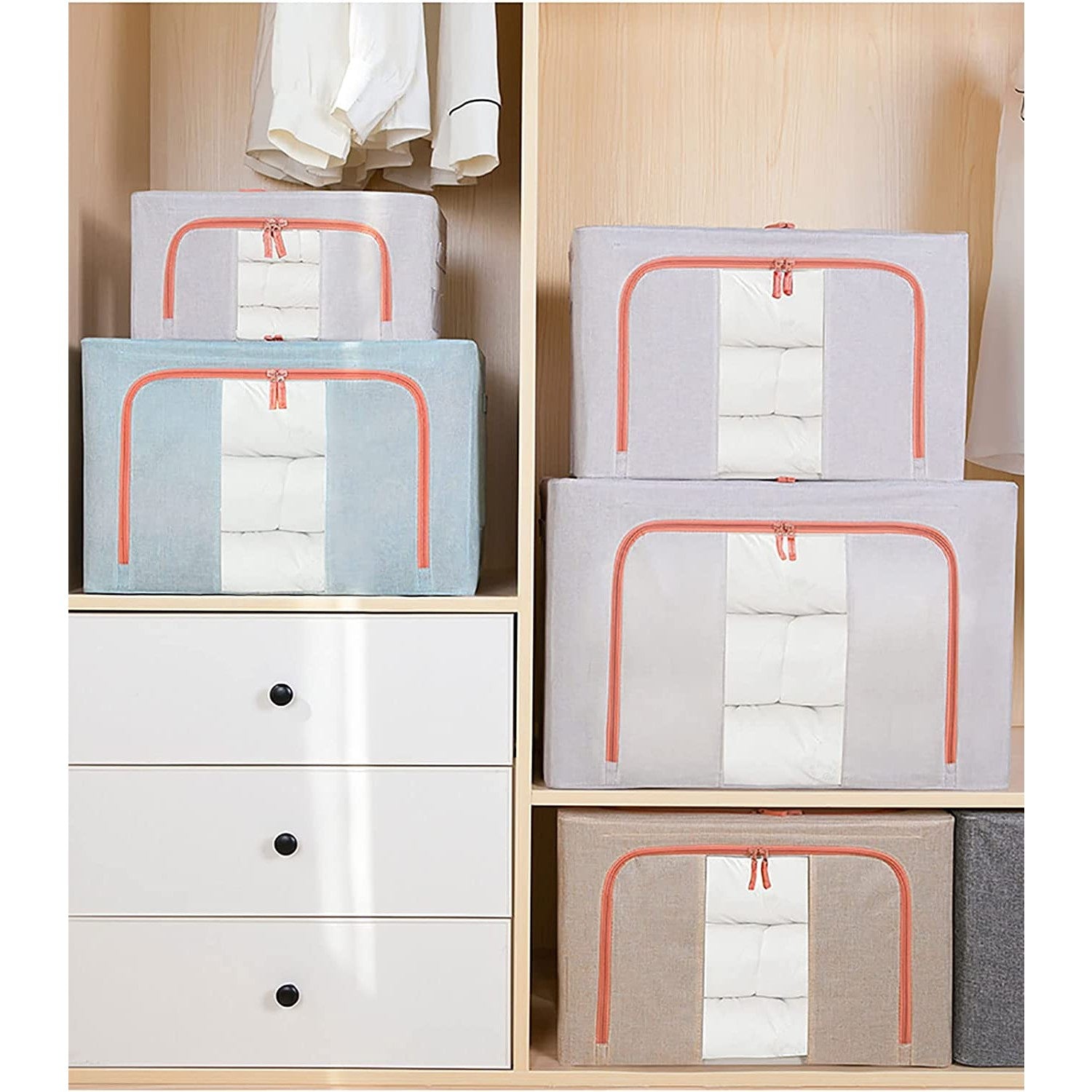 Cutie depozitare pliabila cu sigiliu, AngelBear, 66 L, din Bumbac si In, 50x40x33 cm, Fereastra Frontala Transparenta, 2 Usi de Acces cu Fermoar Bidirectional, Cadru Metalic, Suport Baza Stabil din Plastic, Bleu