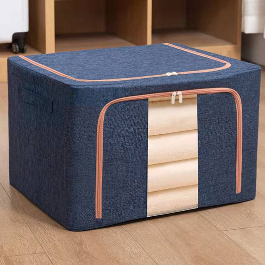 Cutie depozitare pliabila cu sigiliu, AngelBear, 66 L, din Bumbac si In, 50x40x33 cm, Fereastra Frontala, 2 Usi de Acces cu Fermoar Bidirectional, Cadru Metalic, Suport Baza Stabil din Plastic, Albastru Marin