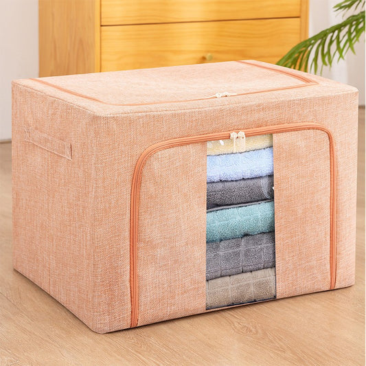 Cutie depozitare pliabila cu sigiliu, AngelBear, 66 L, din Bumbac si In, 50x40x33 cm, Fereastra Frontala, 2 Usi de Acces cu Fermoar Bidirectional, Cadru Metalic, Suport Baza Stabil din Plastic, Roz Pudrat