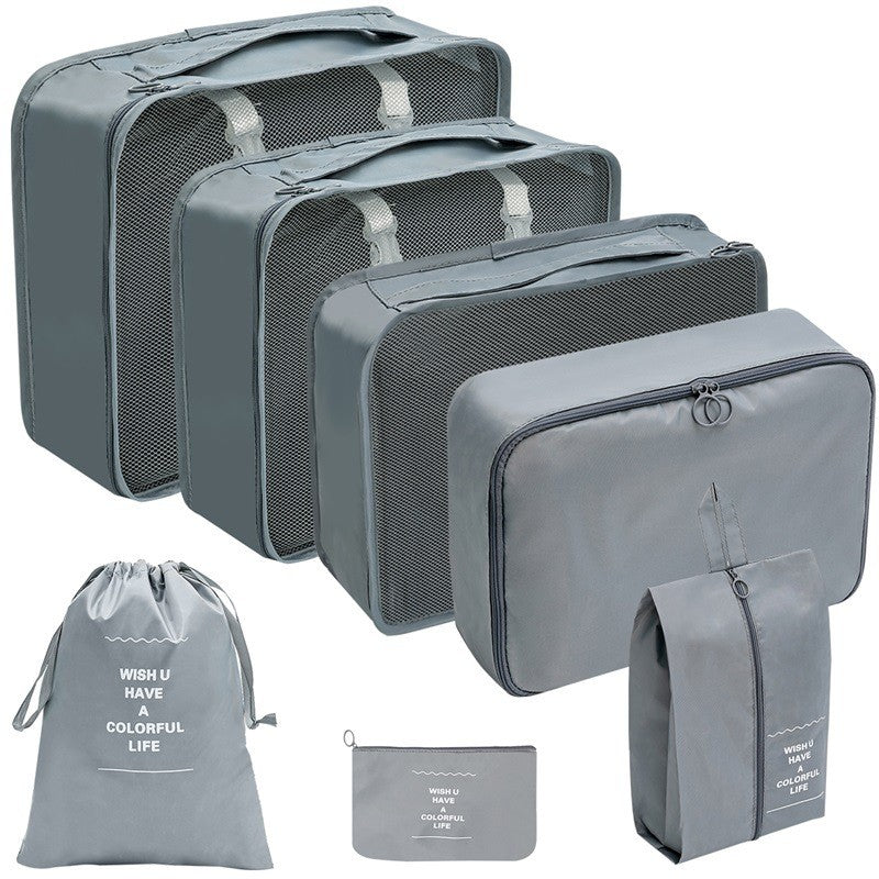 Set 7 Genti de Calatorie cu sigilii, AngelBear, pentru Depozitare, Compresibile, 7 Dimensiuni, Impermeabile, Design cu Plasa, Pliabile, Manere Robuste, Fermoar dublu, Gri