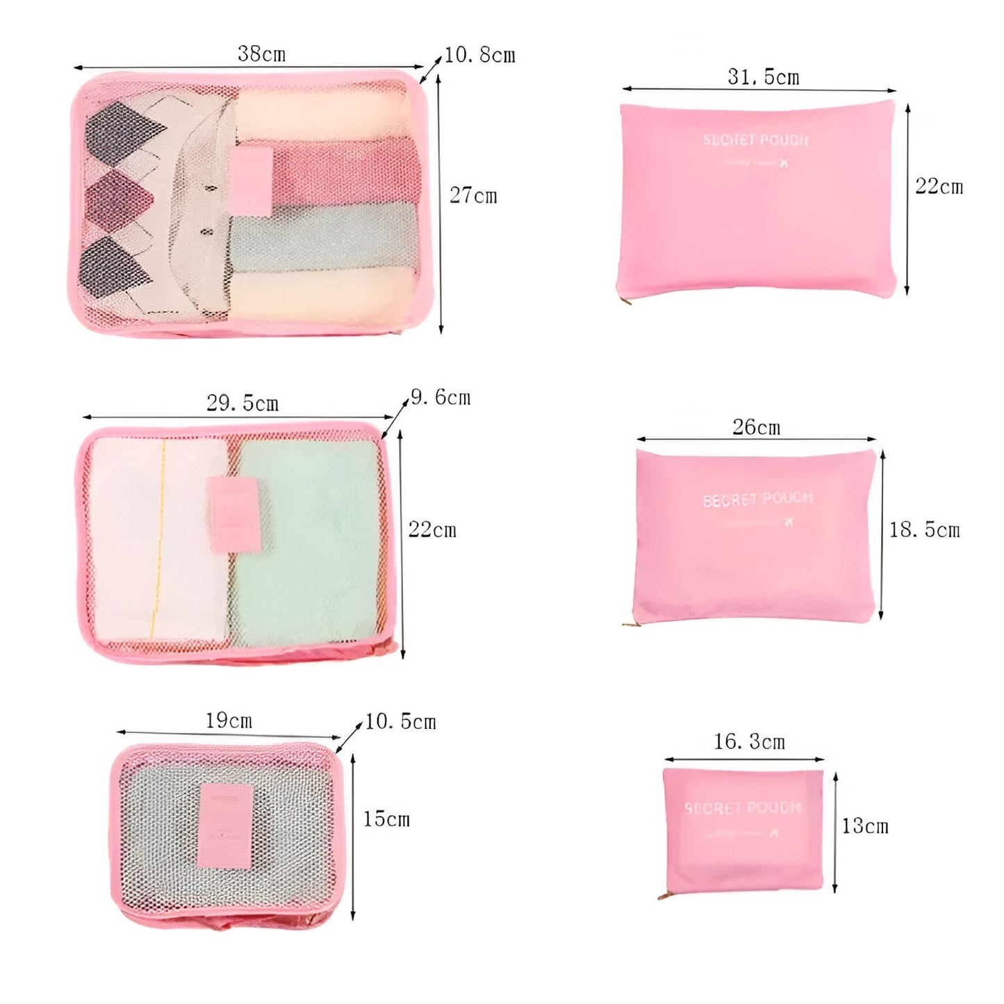 Set 6 Genți de Calatorie cu sigilii, AngelBear, pentru Depozitare, Impermeabile, Organizator, Multifuncționale, Design cu Plasa, Pliabile, Fermoar, Dimensiuni Diferite, Roz