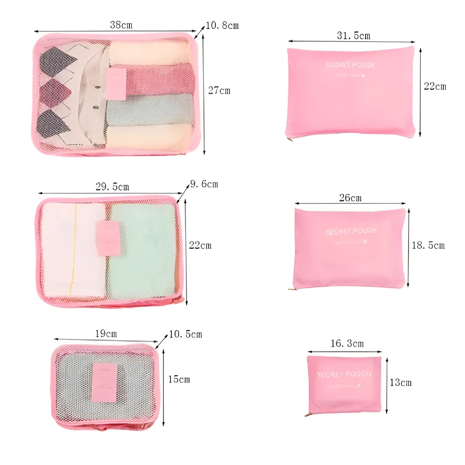Set 6 Genți de Calatorie cu sigilii, AngelBear, pentru Depozitare, Impermeabile, Organizator, Multifuncționale, Design cu Plasa, Pliabile, Fermoar, Dimensiuni Diferite, Roz