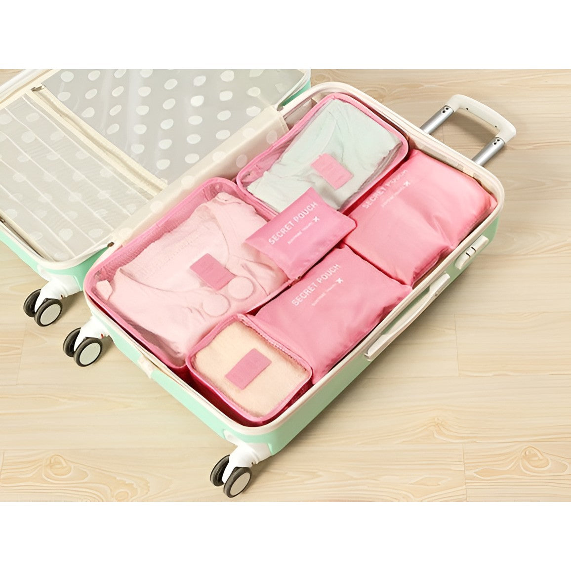 Set 6 Genți de Calatorie cu sigilii, AngelBear, pentru Depozitare, Impermeabile, Organizator, Multifuncționale, Design cu Plasa, Pliabile, Fermoar, Dimensiuni Diferite, Roz