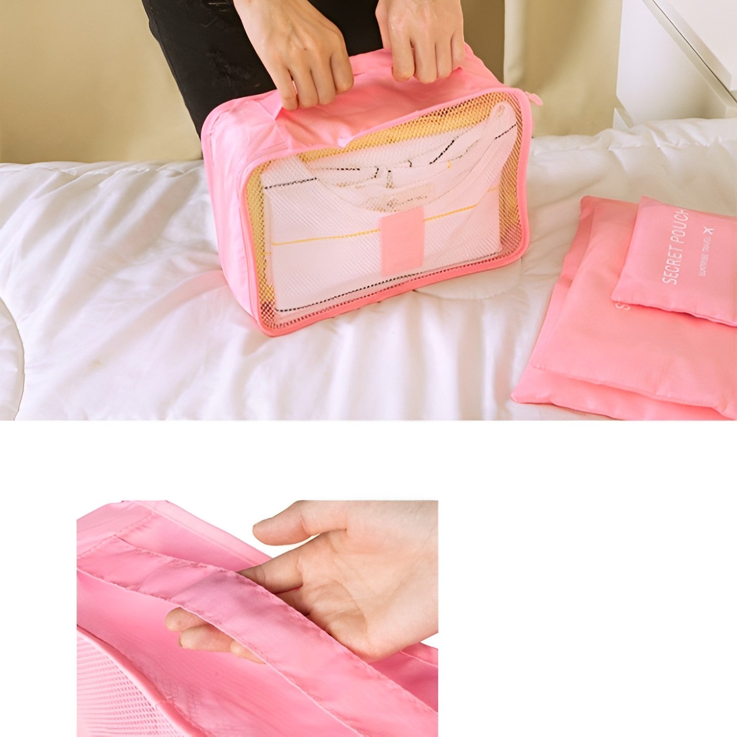 Set 6 Genți de Calatorie cu sigilii, AngelBear, pentru Depozitare, Impermeabile, Organizator, Multifuncționale, Design cu Plasa, Pliabile, Fermoar, Dimensiuni Diferite, Roz