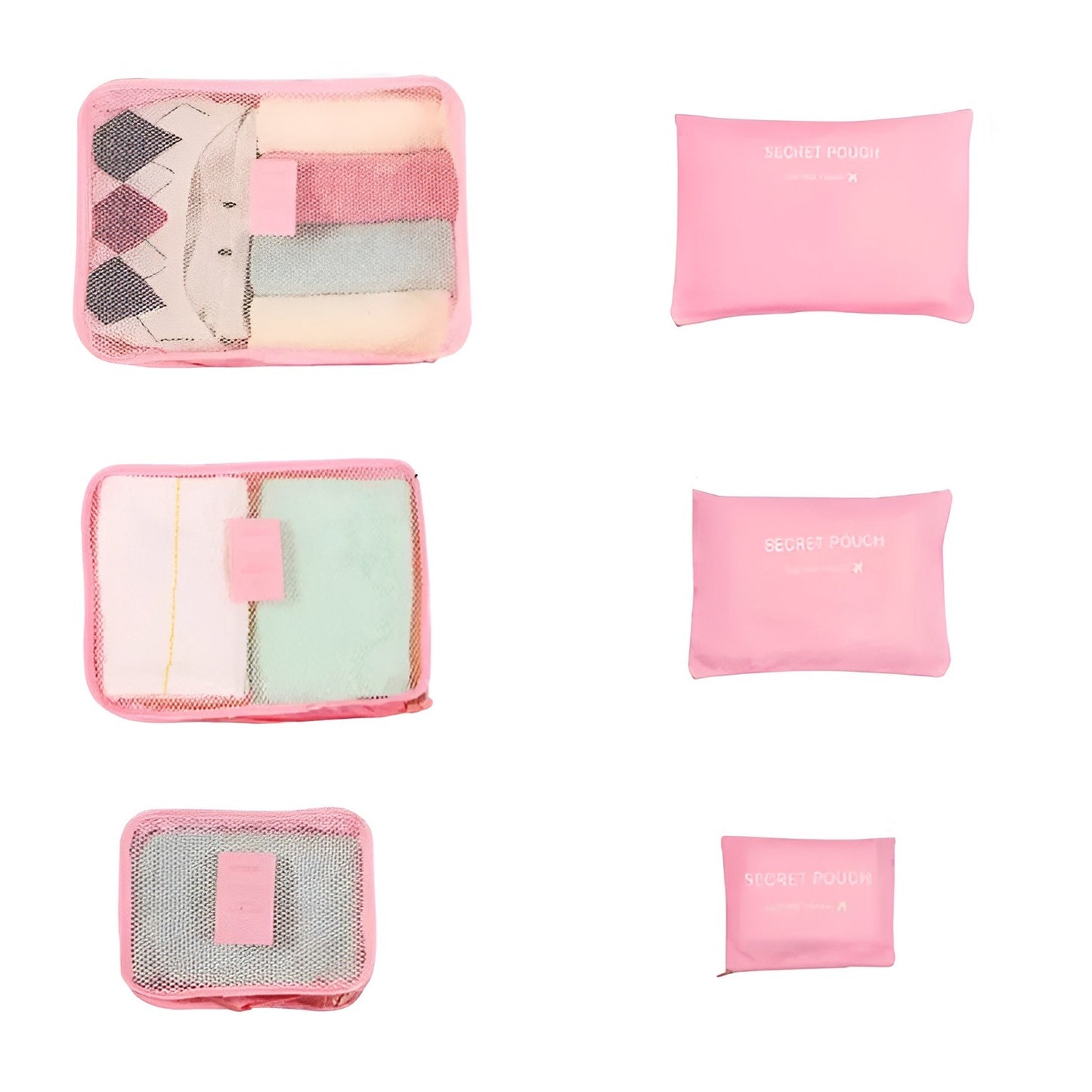 Set 6 Genți de Calatorie cu sigilii, AngelBear, pentru Depozitare, Impermeabile, Organizator, Multifuncționale, Design cu Plasa, Pliabile, Fermoar, Dimensiuni Diferite, Roz