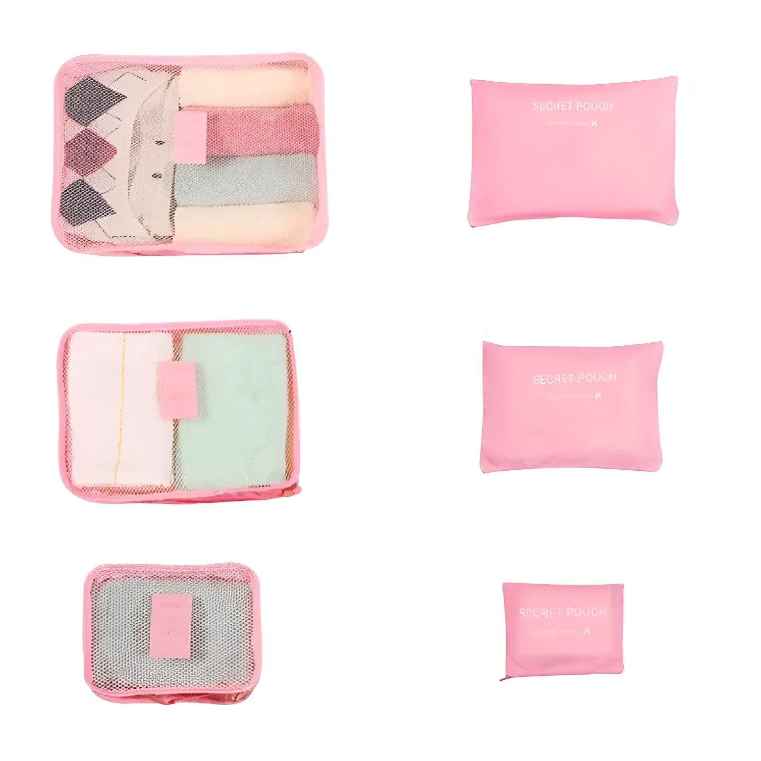 Set 6 Genți de Calatorie cu sigilii, AngelBear, pentru Depozitare, Impermeabile, Organizator, Multifuncționale, Design cu Plasa, Pliabile, Fermoar, Dimensiuni Diferite, Roz