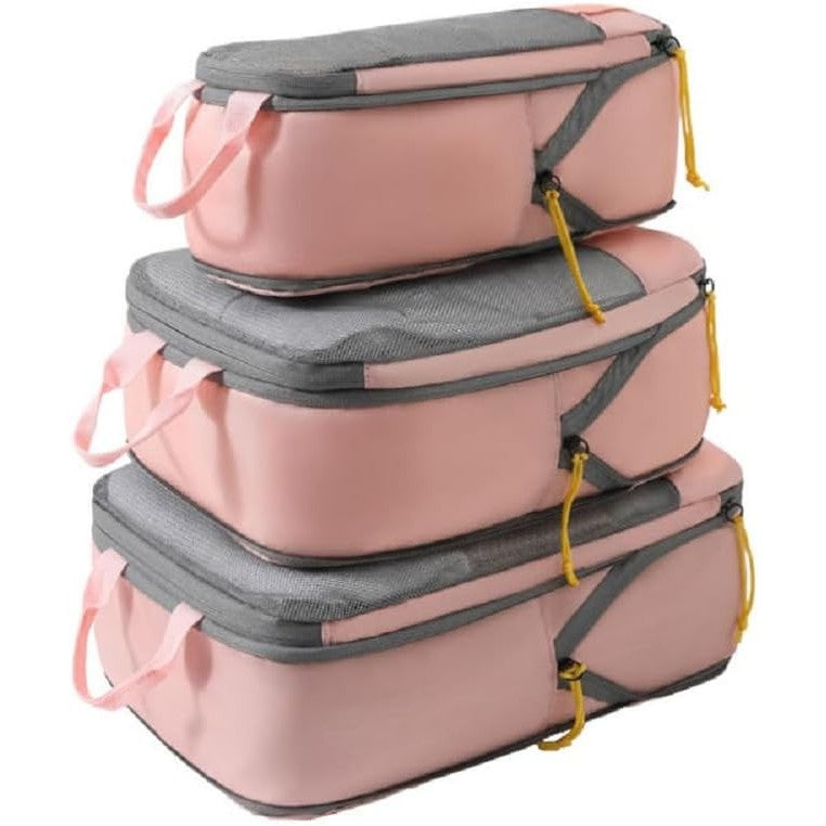 Set 3 Genti de Calatorie AngelBear cu sigilii, Pentru Depozitare, Compresibile, 3 Dimensiuni, Mic, Mediu, Mare, Impermeabile, Fermoar Dublu, Roz