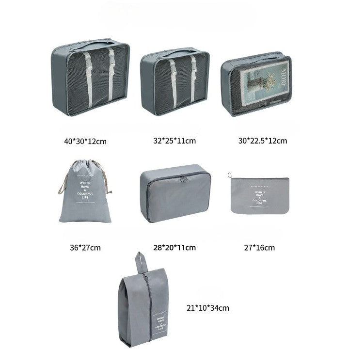 Set 7 Genti de Calatorie cu sigilii, AngelBear, pentru Depozitare, Compresibile, 7 Dimensiuni, Impermeabile, Design cu Plasa, Pliabile, Manere Robuste, Fermoar dublu, Gri