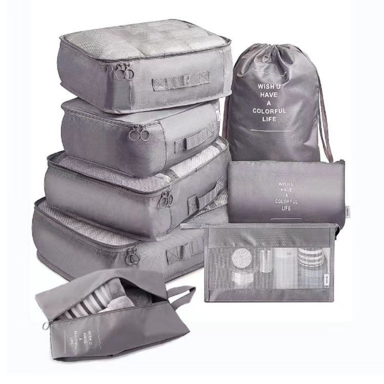 Set 8 huse organizare bagaj AngelBear, material poliester, impermeabil, cu fermoar, pentru calatorii sau dulap, sac pentru pantofi inclus, pliabil, gri