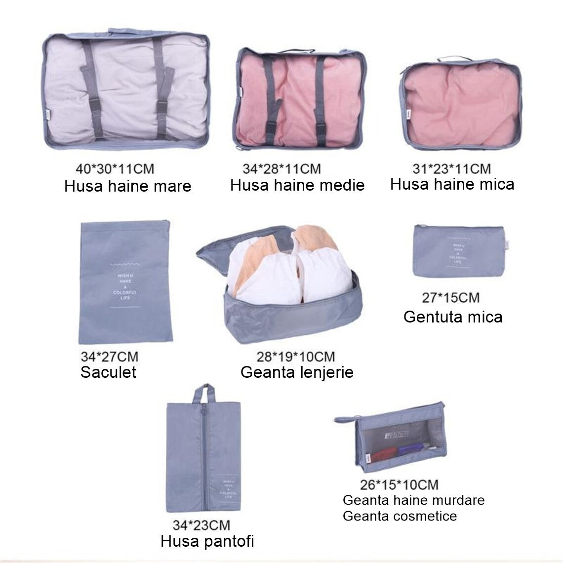 Set 8 huse organizare bagaj AngelBear, material poliester, impermeabil, cu fermoar, pentru calatorii sau dulap, sac pentru pantofi inclus, pliabil, gri