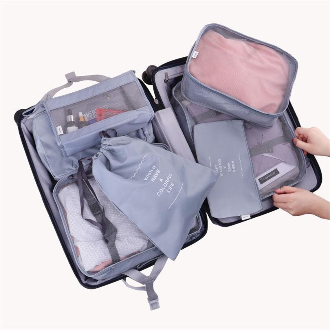 Set 8 huse organizare bagaj AngelBear, material poliester, impermeabil, cu fermoar, pentru calatorii sau dulap, sac pentru pantofi inclus, pliabil, gri